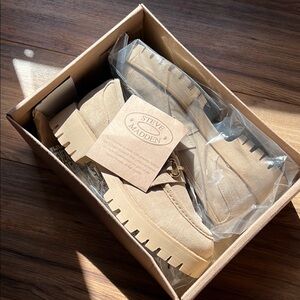 Tan Platform Loafers with Buckle Detail